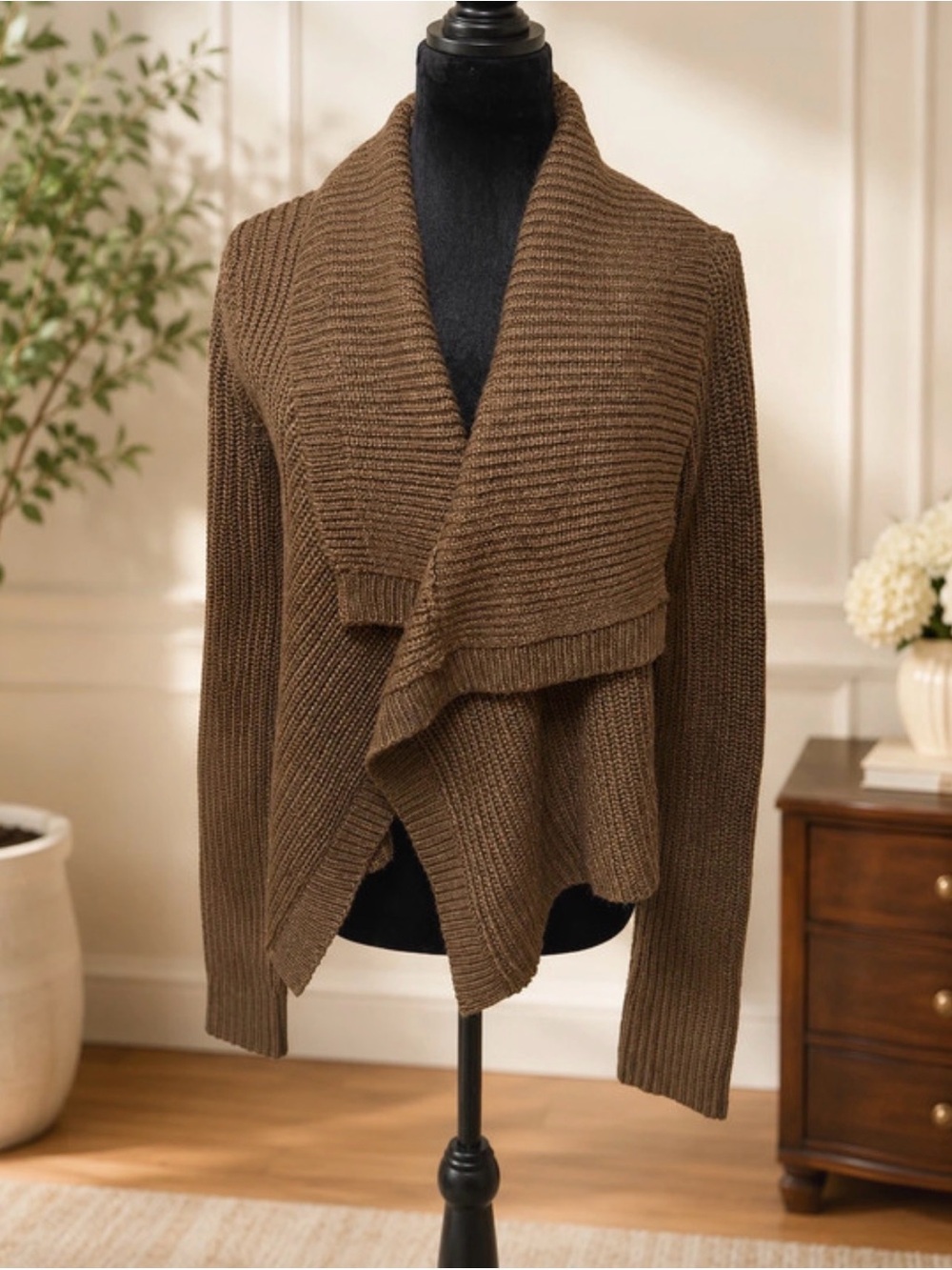 Express Brown Ribbed Draped Open-Front Cardigan